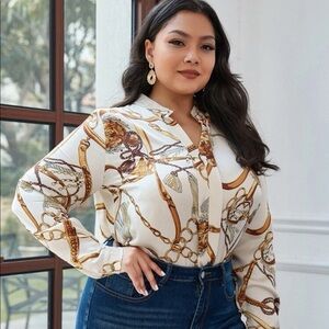 (B5) SHEIN Cream Gold Baroque Chain Print Long Sleeve Blouse Top 4